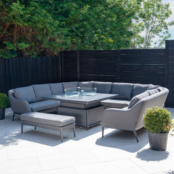 Luna U-Shape Outdoor Fabric Corner Dining with Rising Firepit Table in Grey