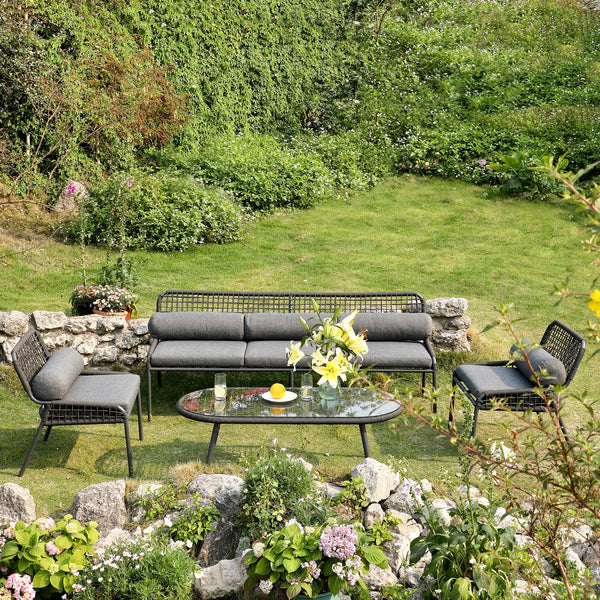 Pomona Rope Weave 5-Seater Sofa Set, Dark Grey Fabric with Black Frame