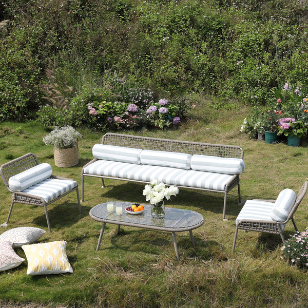 Pomona Rope Weave 5-Seater Sofa Set, Sage Striped Fabric with Taupe Frame