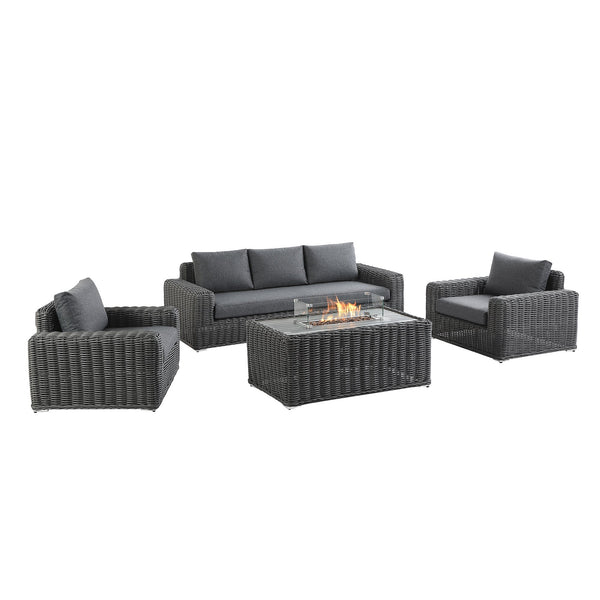 Bellagio Round Wicker Sofa Set with Firepit Coffee Table, Dark Grey