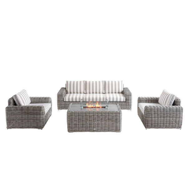 Bellagio Round Wicker Sofa Set with Firepit Coffee Table, Light Grey with Taupe Stripe