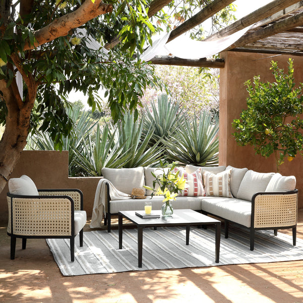 Pienza Outdoor Rattan Corner Sofa Set, Oatmeal Fabric with Black Frame