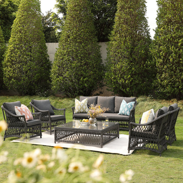 Willowbrook Lattice Weave Rattan 7-Seater Large Sofa Set, Dark Grey