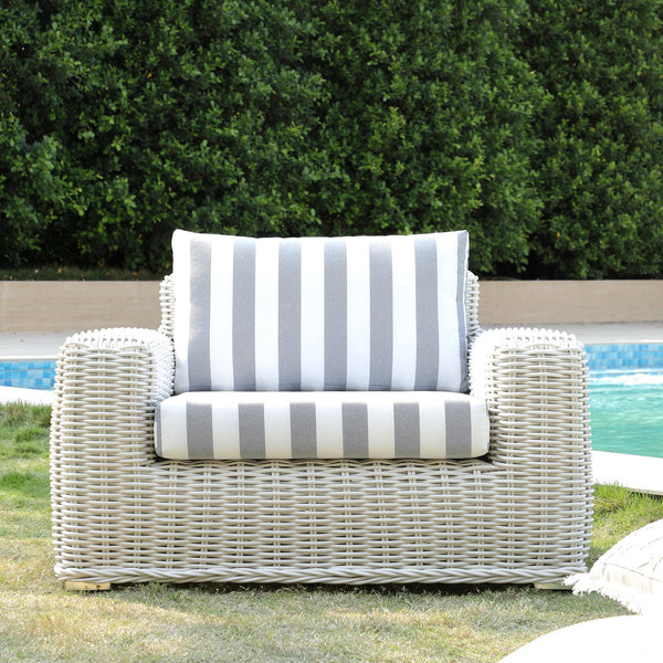 Bellagio Round Wicker Outdoor 1-Seater Sofa, White with Blue Stripes