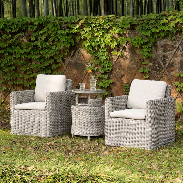 Bellagio Round Wicker Bistro Set with Rising Side Table, Light Grey