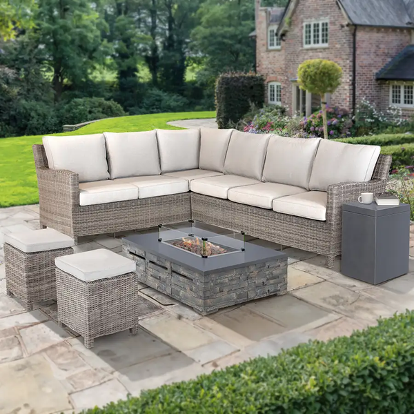Palma Corner Sofa with Kalos Stone Fire Pit Table and Free Gas Storage box